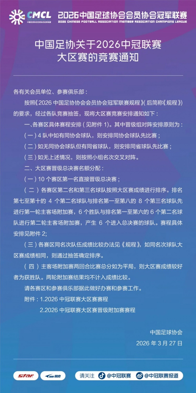 足协发布2026中冠大区赛程 十赛区头名直通总决赛