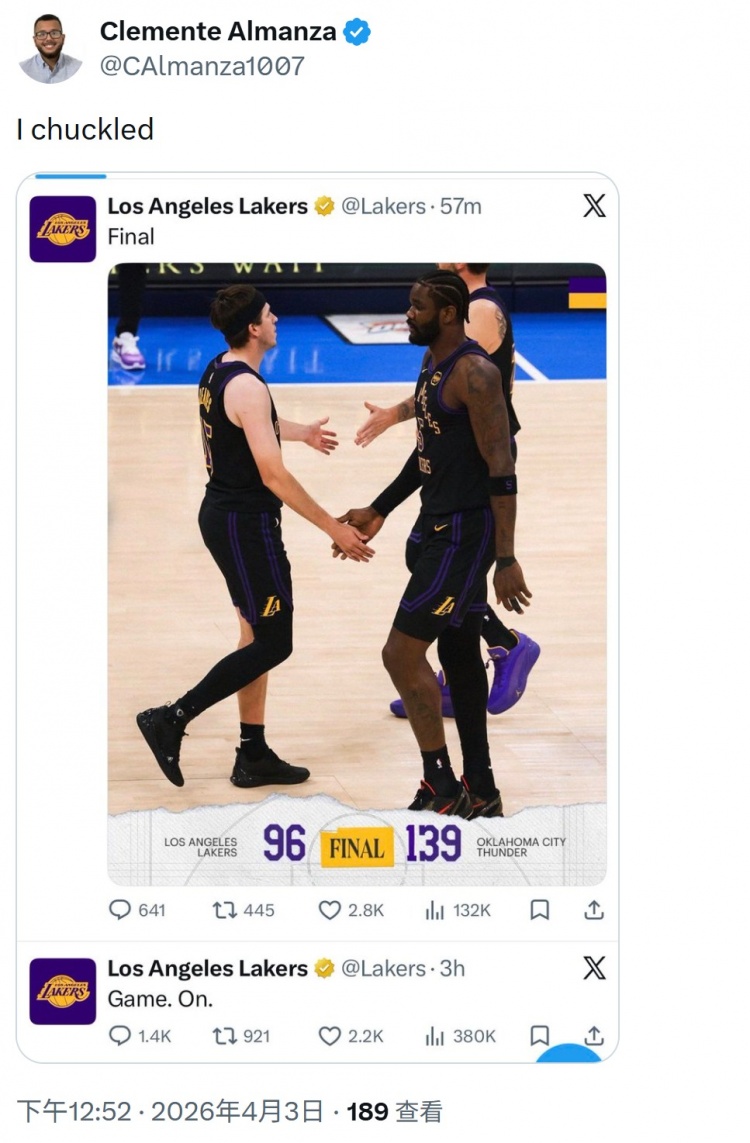 湖人官推沉默2.5小时 雷霆记者晒截图暗讽