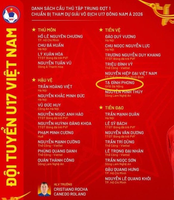 越南U17集训名单现同名谢霆锋 岘港中场首获征召