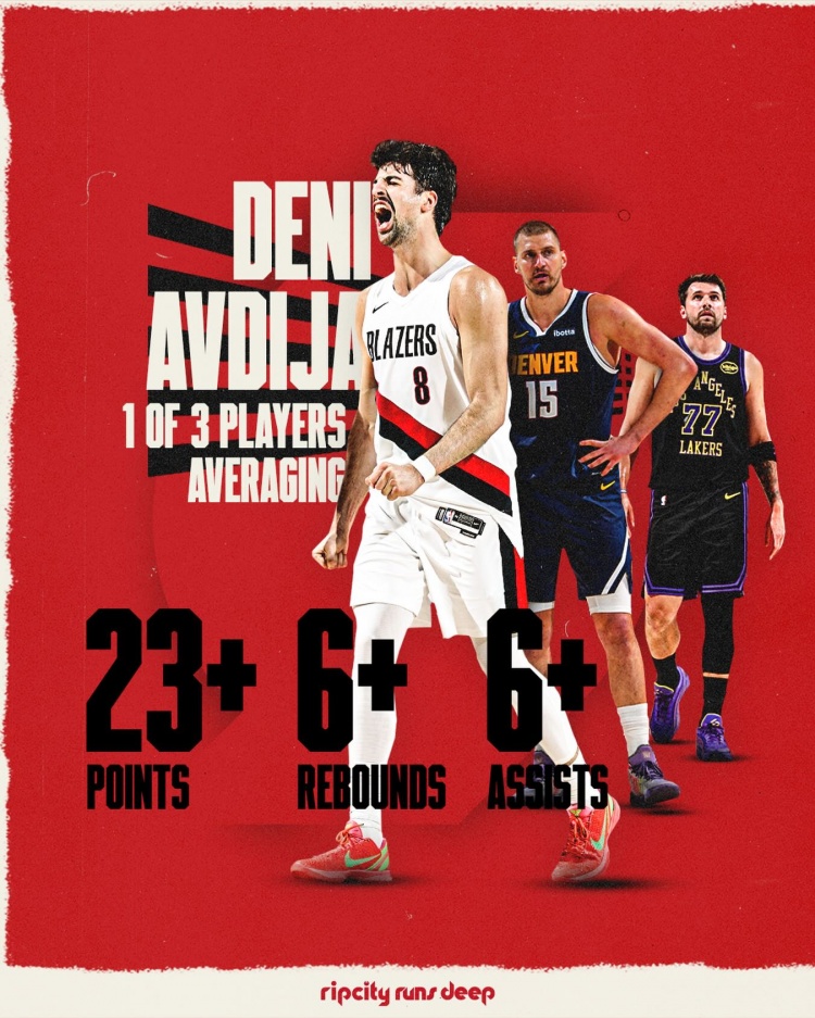 开拓者官推晒阿夫迪亚数据海报 跻身23+6+6精英俱乐部