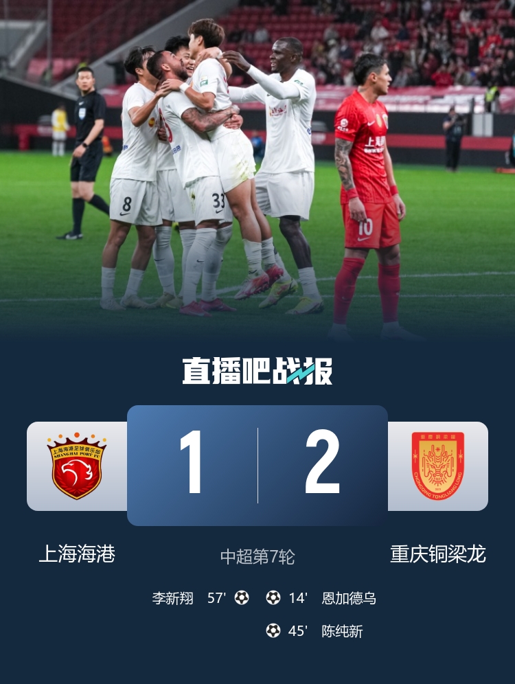 颜骏凌致命失误送礼 重庆铜梁龙2-1客胜海港豪取四连胜