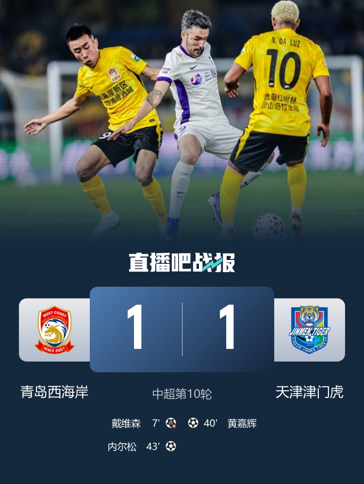 六连平！西海岸1-1津门虎 戴维森失点+三中门框
